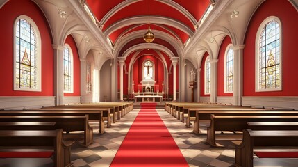 Obraz premium Red church interior with pews and altar
