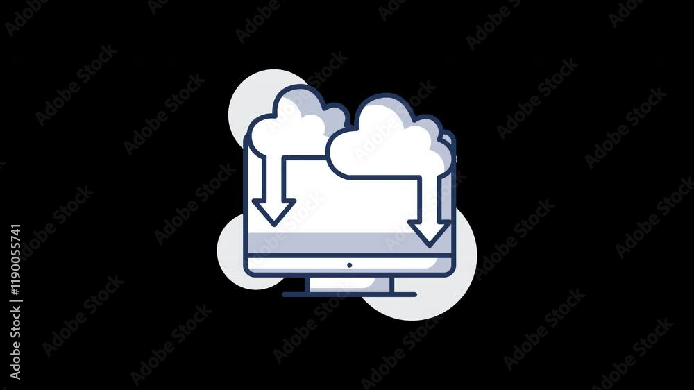 Poster illustration of a computer with clouds, representing cloud computing in a flat design.