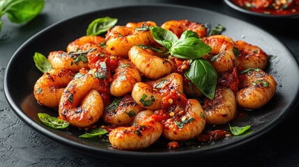 Grilled gnocchi in spicy tomato sauce, garnished with basil. Perfect for restaurant menus or food blogs showcasing delicious Italian cuisine.