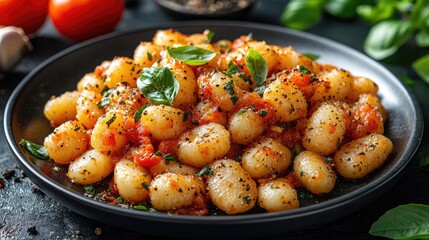 Delicious gnocchi in tomato sauce, garnished with basil and pepper. Perfect for Italian food blogs, recipe websites, or restaurant menus.