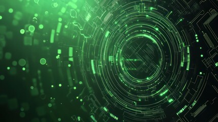 Abstract digital design featuring green circular patterns and circuit-like elements.