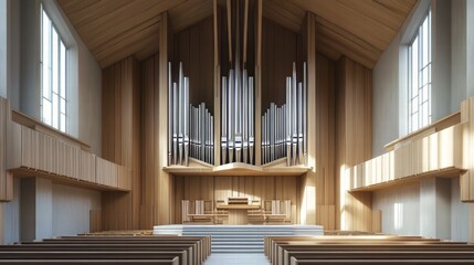 Modern church interior with pipe organ