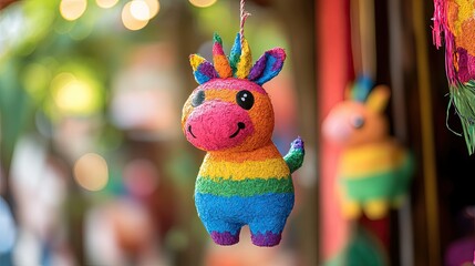 A colorful piñata shaped like a donkey, adorned with vibrant paper fringes in shades of pink,
