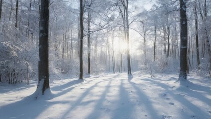Fototapeta premium Winter Wonderland: Snowy Forest Landscape with Sunlight Filtering Through Trees, Peaceful and Serene Nature Scene
