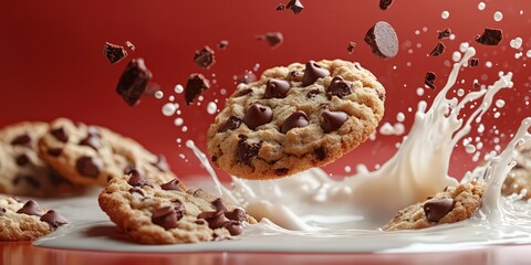 Chocolate Chip Cookies Splashing into Milk: A Delicious Moment Captured