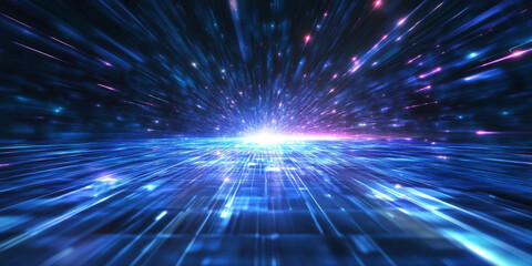 Naklejka premium Futuristic light explosion energy tunnel with glowing blue rays and speed motion abstract digital background creates space warp effect