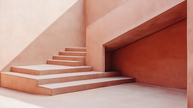 Pink and terracotta stairs ascend a minimalist wall