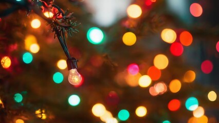 Closeup of a festive Christmas tree adorned with colorful lights, creating a bokeh effect against a blurred background.