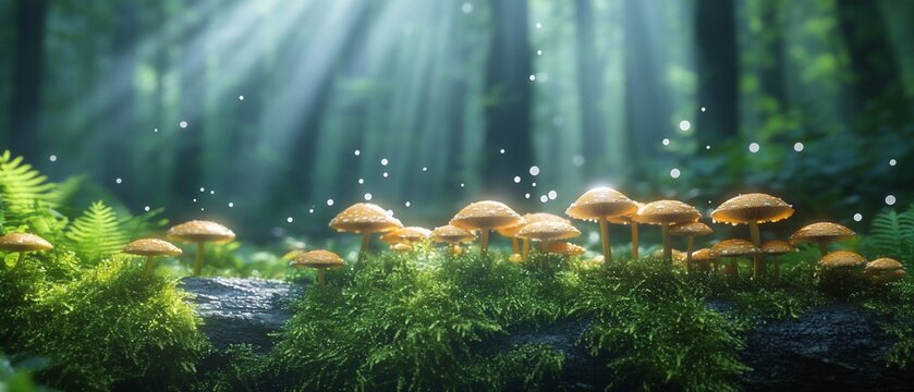 Sunlit mushrooms on moss, forest background. Nature fantasy