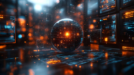 Glowing digital sphere in futuristic data network, abstract technology visualization