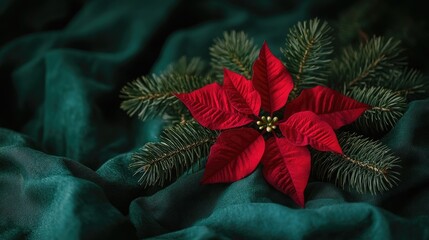 A festive arrangement featuring a vibrant red poinsettia flower at the center,