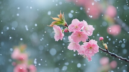 A close-up of delicate pink cherry blossoms on a branch, set against a soft blue background with subtle bokeh effects.