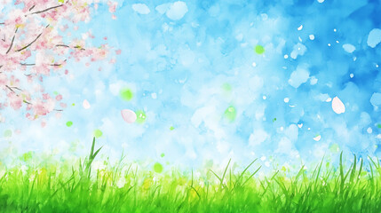 Obraz premium 青空と新緑｜春の草原に舞う桜の花びらの爽やかな風景イラスト