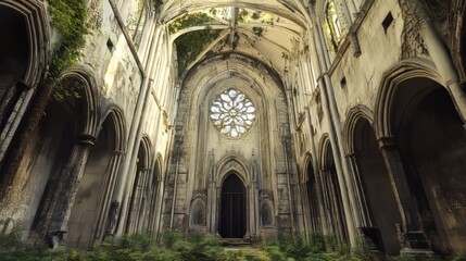 Fototapeta premium Ruined church interior, overgrown with plants