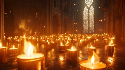 Hundreds of candles illuminate a cathedral.