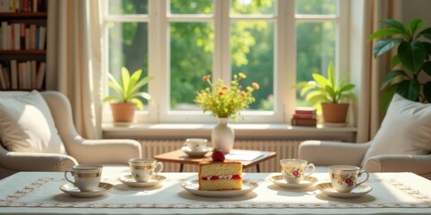 Sunlight streams through a window illuminating a tranquil tea party scene with delicate teacups and a delightful cake slice
