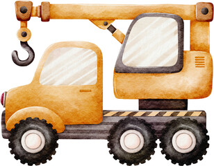 Watercolor Orange Construction Crane Car