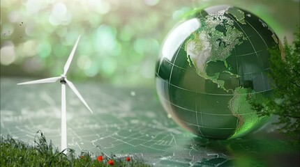 Green globe and wind turbine on grassy terrain symbolizing renewable energy and sustainability. Seamless looping video animation. - Powered by Adobe