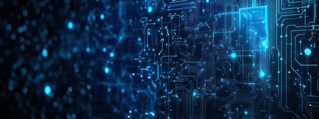 Abstract representation of a digital circuit board with glowing elements.