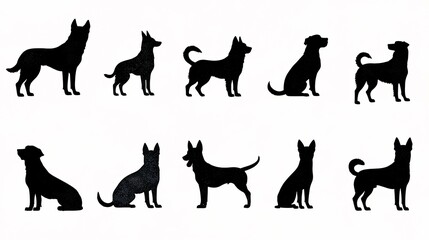 A collection of dog silhouettes featuring diverse breeds in bold black outlines on a subtle neutral background, perfect for graphic design, branding