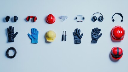 Flat lay of safety equipment helmets, gloves, earmuffs, goggles, and tools.