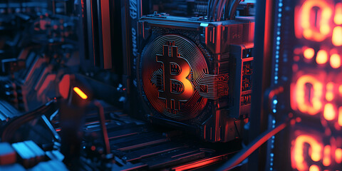 Futuristic Bitcoin mining rig in neon-lit environment, Cryptocurrency technology in high-tech setup
