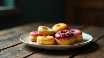 A delightful assortment of freshly baked sweet treats, elegantly arranged on a rustic wooden surface, ready to be enjoyed