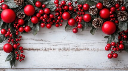 christmas background with red berries on rustic white wooden planks