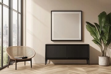 Modern Room Design:  Stylish Cabinet, Chair, and Artwork Enhance a Sunlit Space with Hardwood Floor