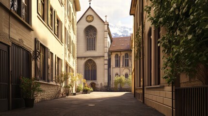 Obraz premium Church-view alley in European town