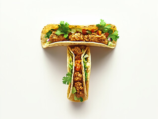 a capital letter T made of tacos, with a soft, golden-brown tortilla, filled with colorful fresh ingredients. Minimalistic, white background, top view