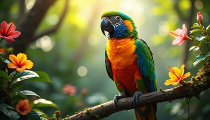 Colorful Parrot Perched Amidst Tropical Flowers in Lush Forest