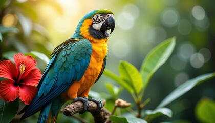 Colorful Parrot Perched on a Branch Amidst Lush Greenery