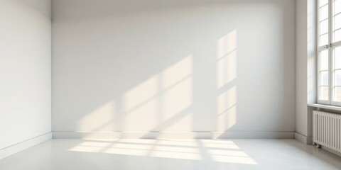 Fototapeta premium Sunlight Illuminates an Empty Room with White Walls and a Large Window, Creating a Serene and Minimalist Atmosphere, Perfect for Design Inspiration