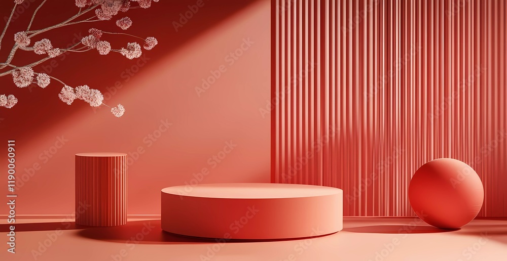 Poster 3D rendering of a red background with a podium for product display presentation mockup. Abstract minimal scene design with cylinder-shaped podiums and round forms in red color