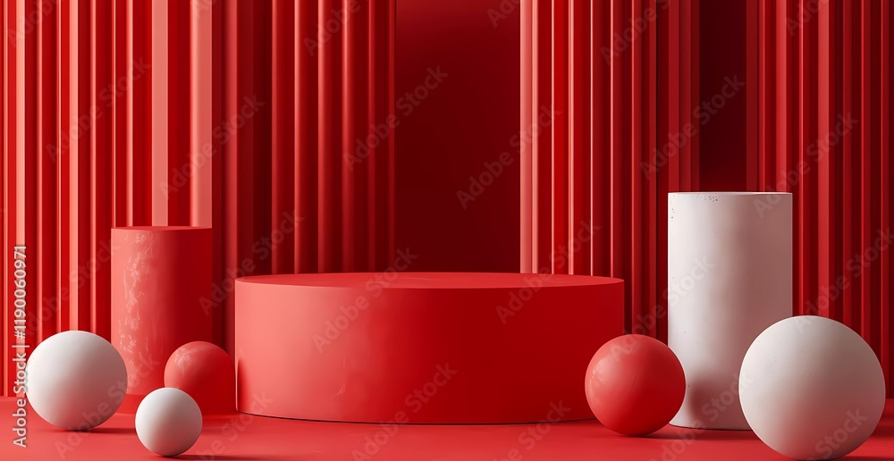 Poster 3D rendering of a red background with a podium for product display presentation mockup. Abstract minimal scene design with cylinder-shaped podiums and round forms in red color