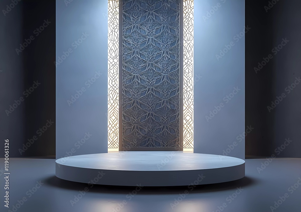 Poster a minimalist podium with an elegant background, adorned with subtle geometric patterns and illuminat