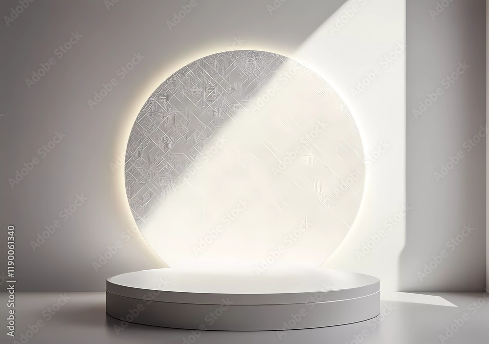Poster a minimalist podium with an elegant background, adorned with subtle geometric patterns and illuminat