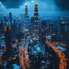 Fototapeta premium Aerial view of a bustling city with iconic landmarks and futuristic architecture