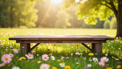 Naklejka premium A beautifully crafted wooden bench in a vibrant summer park surrounded by blooming flowers and trees