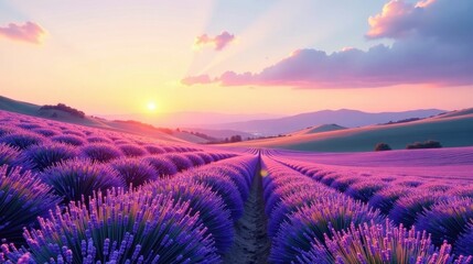 Serene Sunset over a Lavender Field, Rows of Purple Blossoms at Golden Hour, Peaceful Pastoral Landscape