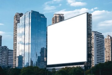 Mock up white vertical large LED display billboard on tower building with blue sky background .clipping path for mockup