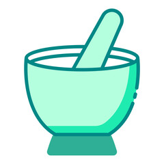 Mortar and pestle green filled line icon for grinding herbal spa ingredients