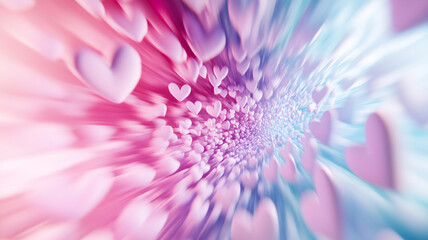 Pink dreamy flower spiral pattern with soft blue gradient and romantic heart bokeh celebrating Valentine Day holiday