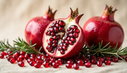 Fresh Pomegranates on Table with Sprigs of Rosemary