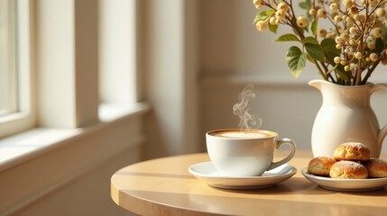 Warm morning sunlight illuminates a caf? table, a steaming cup of latte art coffee, and a plate of freshly baked pastries.