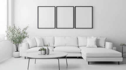 Fototapeta premium Elegant room with a single dining table and triple mockup frames designed to create an expansive ad display.