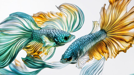 Fototapeta premium A stunning close-up of a pair of exotic tropical fish in vibrant emerald green and golden yellow scales, hovering elegantly in crystal-clear water. The background is pure white for clarity, featuring 