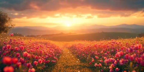 Fototapeta premium Sunset over field, pink flowers, path, hills. Calming nature scene