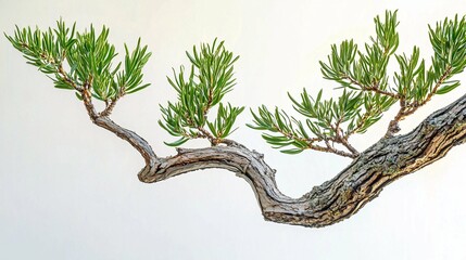 A yew tree's branches elegantly curve in a studio setting, featuring vibrant green needles and emphasizing the textured bark and intricate leaf patterns against a minimalist background.